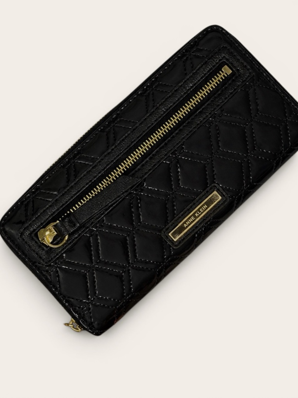 Anne Klein Black Quilted Patent Wallet Gold Zip Around Organizer
